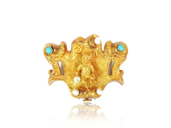 Spilla in oro a basso titolo con perle e turchesi  - Asta Gioielli e Orologi - Maison Bibelot - Casa d'Aste Firenze - Milano
