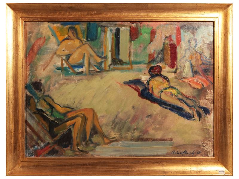 Arturo Checchi - Veduta di Spiaggia con Personaggi Anni Sessanta
