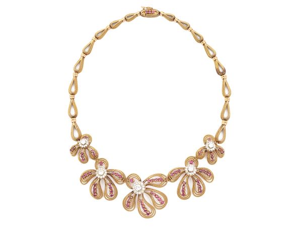 Yellow gold necklace with diamonds and rubies