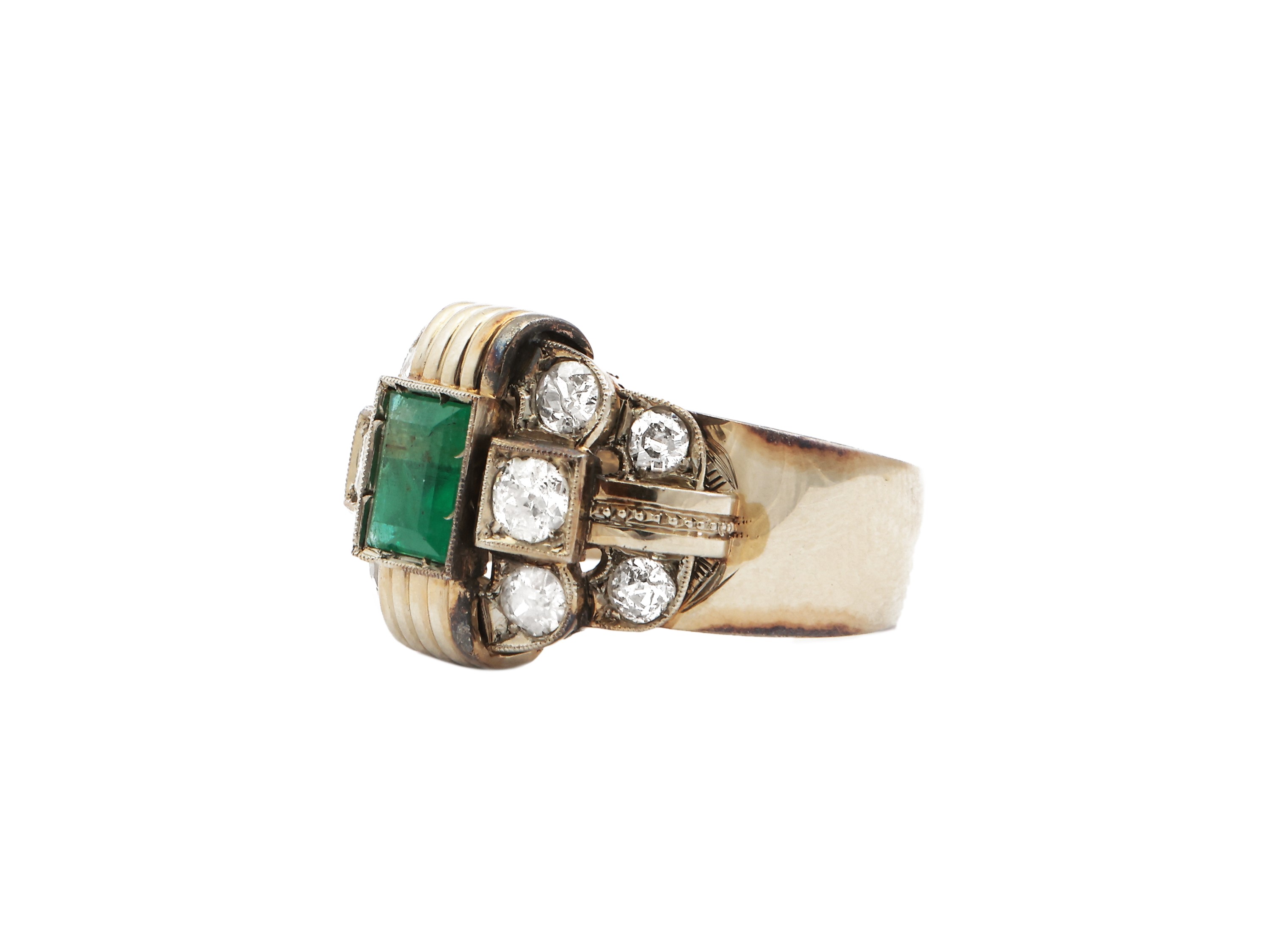 Anello a Fascia in Oro Bianco e Giallo con Diamanti e Smeraldo