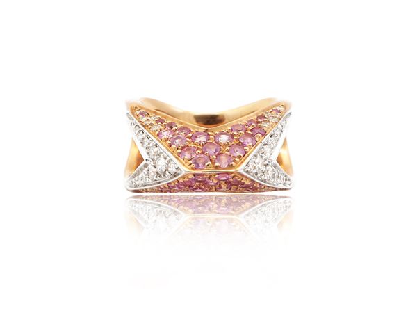 Scavia Io Sì, rose gold ring with diamonds and pink sapphires