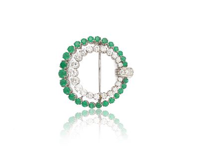 Spilla in Oro Bianco con Diamanti e Smeraldi