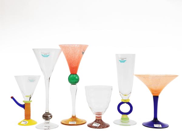 Seven Barovier&Toso multicolored glass glasses from the B.A.G. series