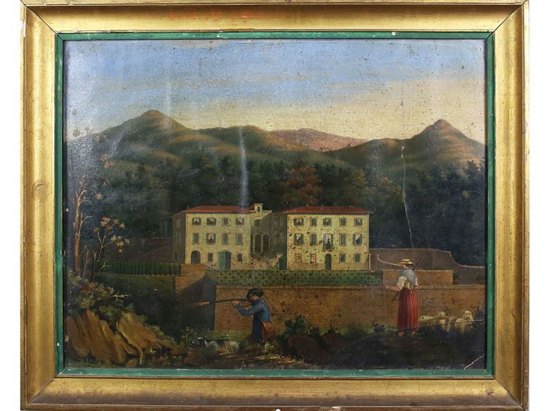 Scuola Toscana del XIX Secolo - Veduta di Villa con Pastorella e Cacciatore