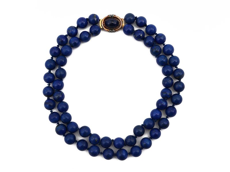Collana Due Fili in Lapislazzuli con Fermezza in Oro Giallo, Argento, Diamanti e Lapislazzuli