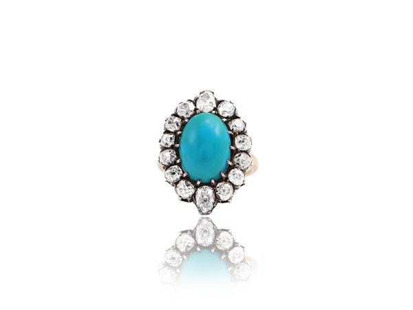 Yellow gold and silver ring with diamonds and turquoise