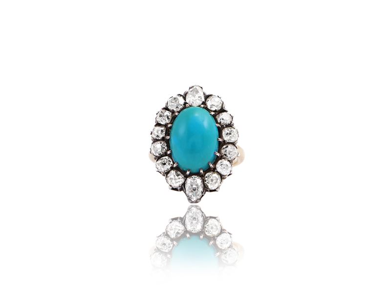 Anello in Oro Giallo e Argento con Diamanti e Turchese