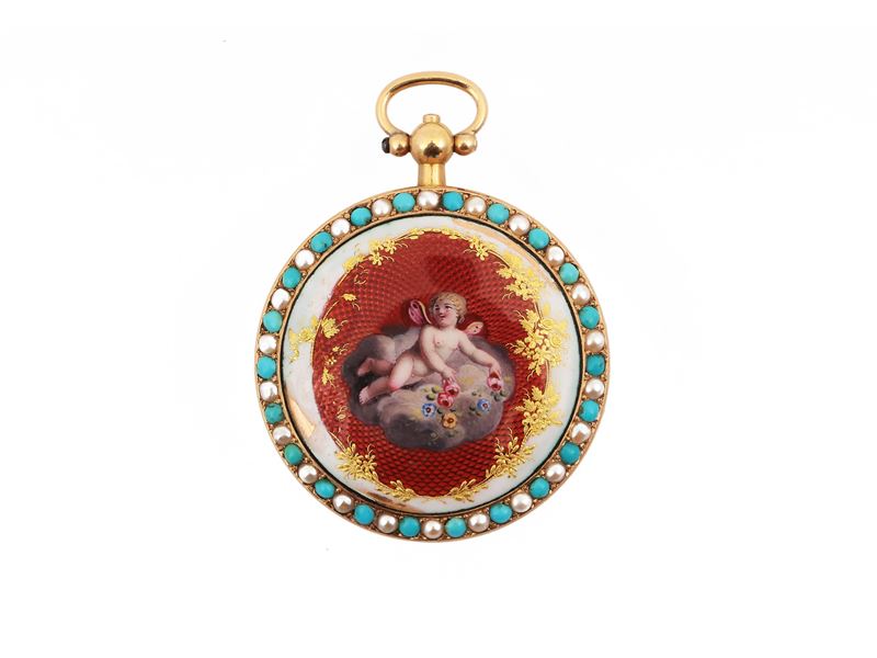 Freres Esquivillon Dechoudens, Orologio da Taschino in Oro Giallo, Smalti e Gemme