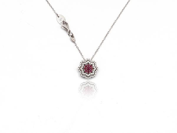 White gold chain and pendant with diamonds and rubies