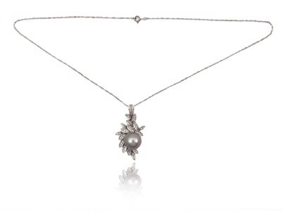 Catenina e Pendente Pendente in Oro Bianco con Diamanti e Perla Thaiti Silver