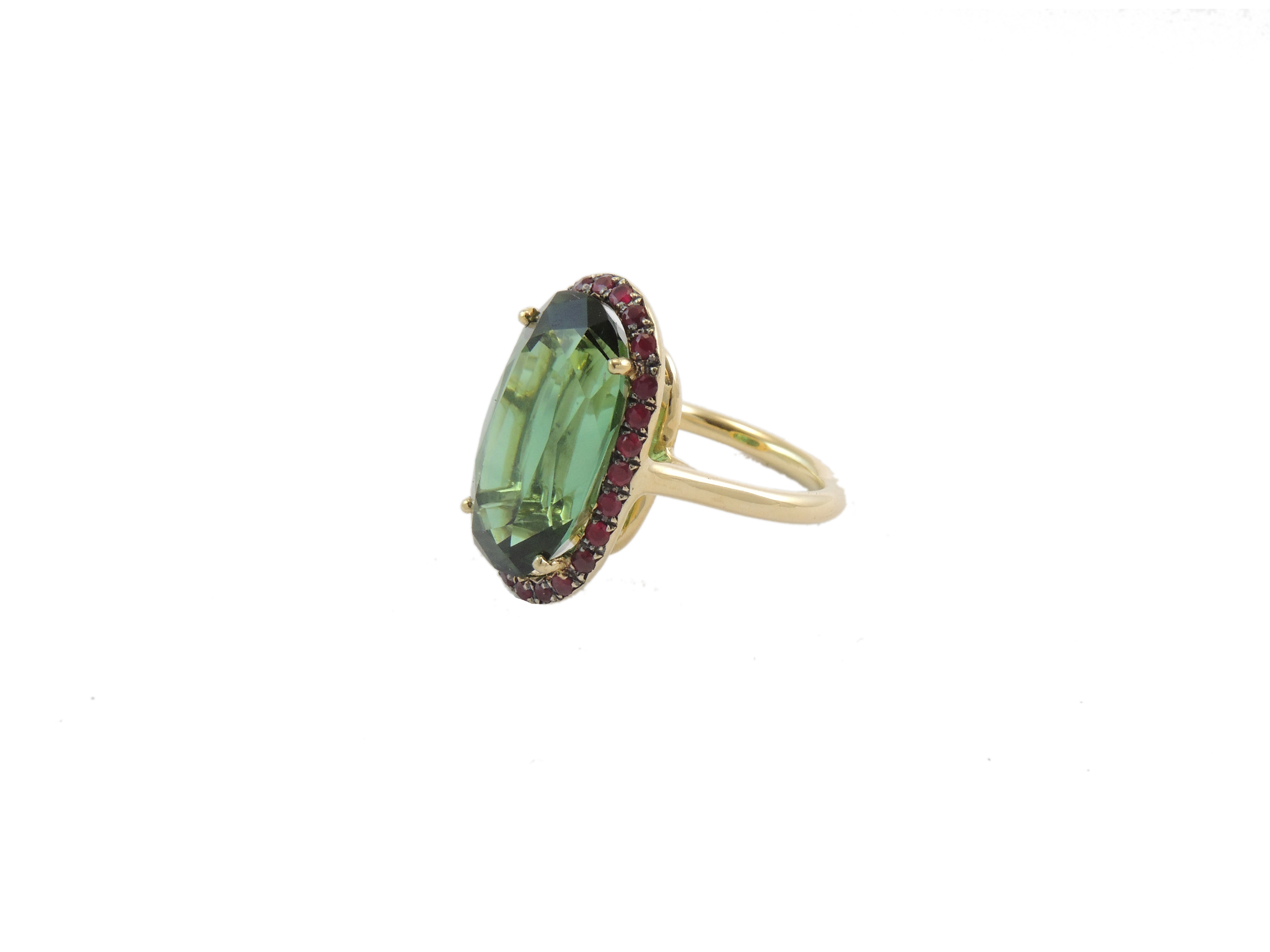 Anello in Oro Giallo con Rubini e Tormalina Verde