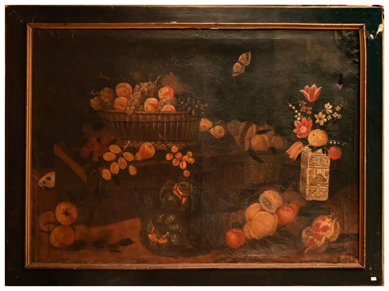 Scuola Emiliana del XVIII/XIX Secolo - Natura Morta con Frutta, Zucche, Fiori e Maioliche