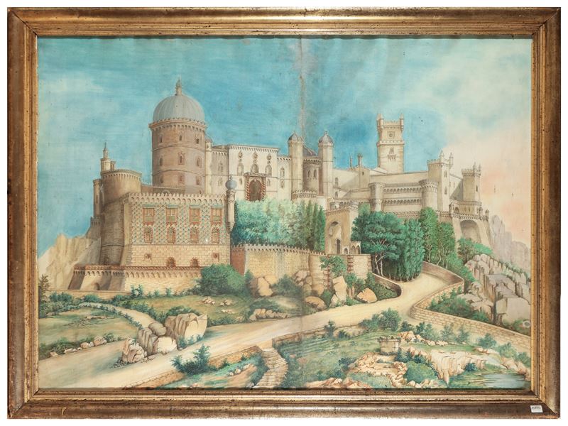 Scuola Italiana del XIX/XX Secolo - Veduta del Castello Moresco di Rocchetta Mattei a Grizzana Mo...