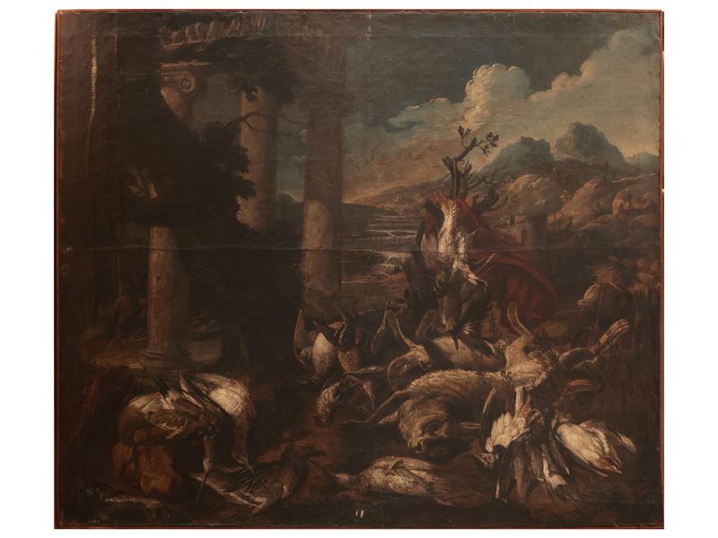 Scuola Lombarda del XVII/XVIII Secolo - Natura Morta con Cacciagione e Ruderi Classici in un Paes...
