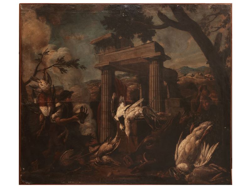 Scuola Lombarda del XVII/XVIII Secolo - Natura Morta con Cacciagione e Ruderi Classici in un Paes...