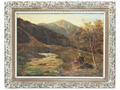 Paesaggio di Montagna con Animali al Pascolo Lungo il Fiume