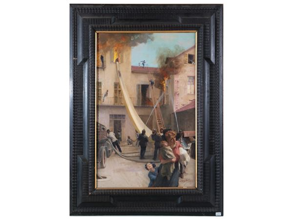 Achille Beltrame - Scena di incendio in un villaggio