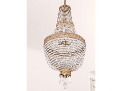 Lampadario a Paniere in Bronzo Dorato e Vetro