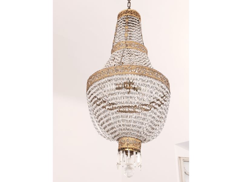 Lampadario a Paniere in Bronzo Dorato e Vetro