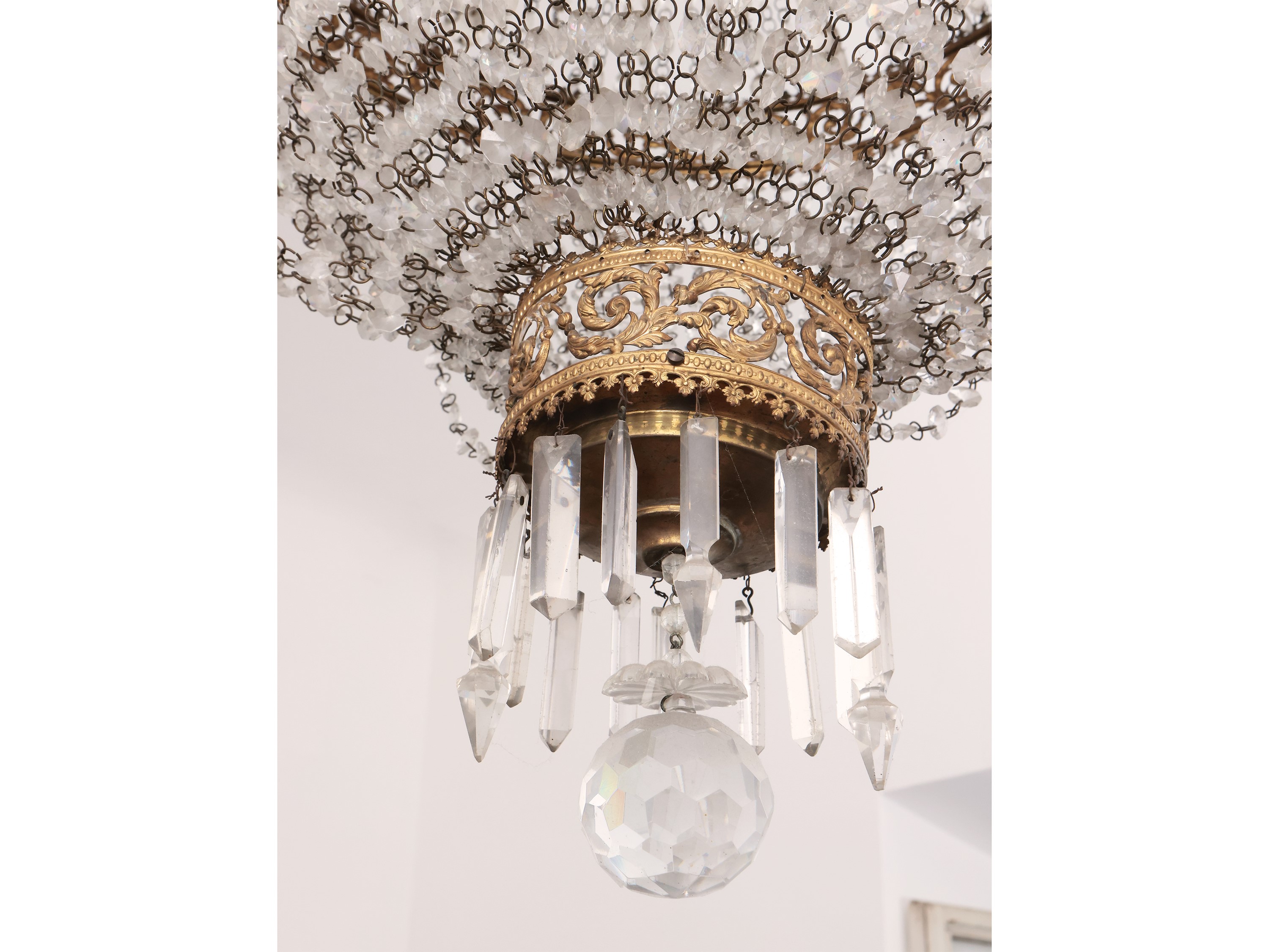 Lampadario a Paniere in Bronzo Dorato e Vetro
