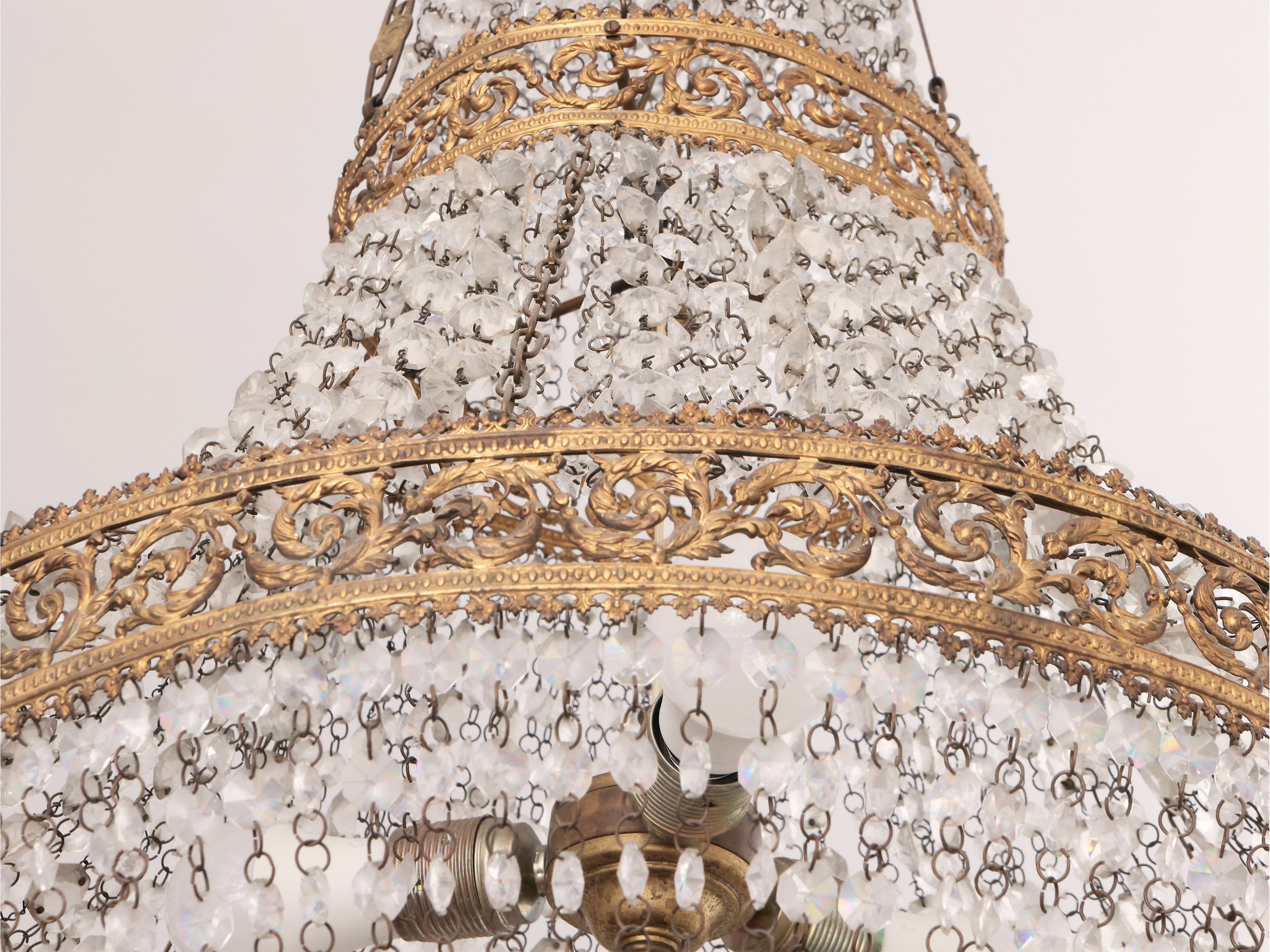 Lampadario a Paniere in Bronzo Dorato e Vetro
