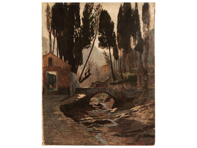 Scuola Italiana - Scorcio di Villaggio con Ponte