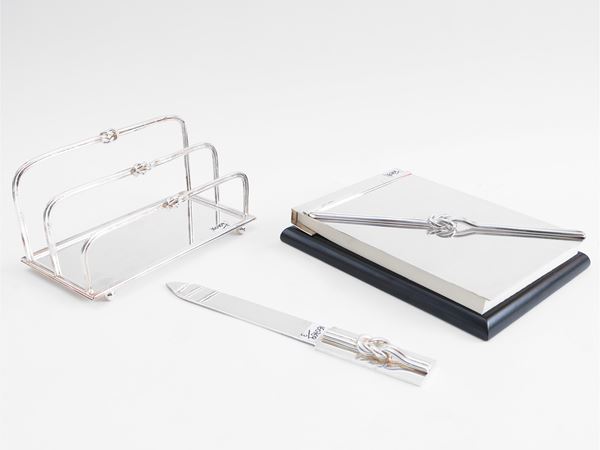 Desk set in silver metal, Serra Roma