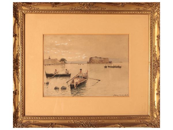 Scuola napoletana dell'inizio del XX secolo : Pescatori a Mergellina  - Asta Casa Lazzi - parte seconda  Arredi e vetri di Murano - Maison Bibelot - Casa d'Aste Firenze - Milano