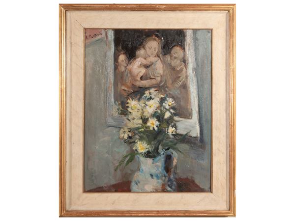 Vaso di fiori con Sacra famiglia sullo sfondo
