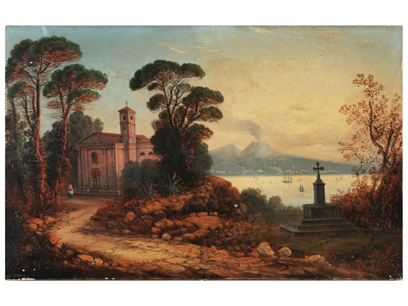 Scuola Napoletana del XX Secolo - Scorcio Napoletano con Chiesa e Vesuvio sullo Sfondo
