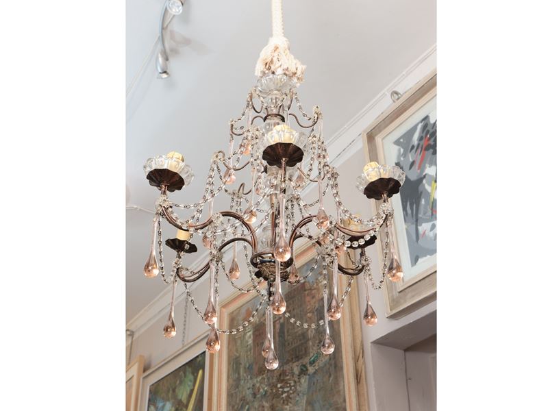 Piccolo Lampadario D'epoca a Paniere in Metallo e Vetro