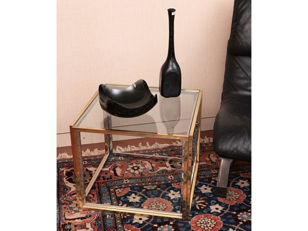 Pair of side tables in brass, steel and glass