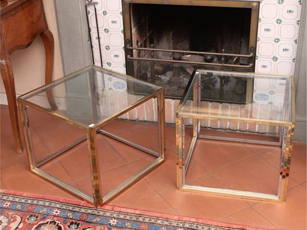 Pair of side tables in brass, steel and glass