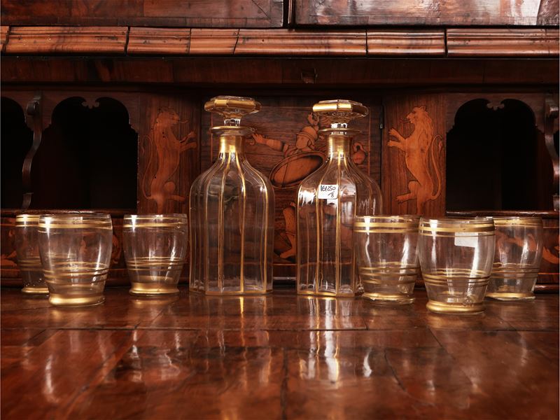 Set da Liquore in Vetro Soffiato e Lumeggiato in Oro