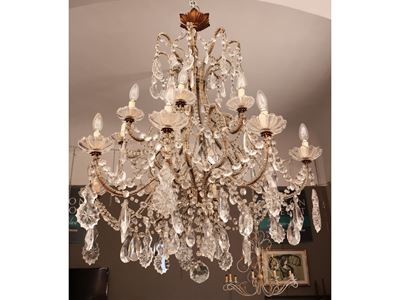 Lampadario a Paniere in Metallo Dorato e Vetro