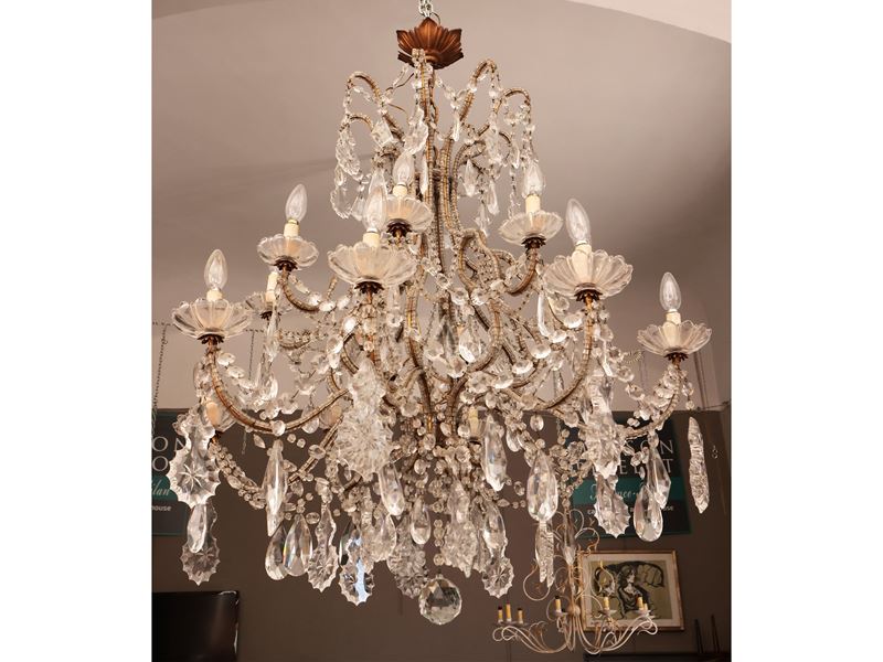 Lampadario a Paniere in Metallo Dorato e Vetro