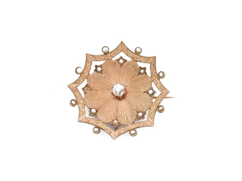 Spilla Pendente in Oro Rosa a Basso Titolo con Diamante e Microperle