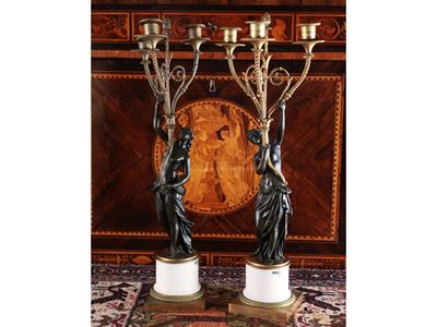 Coppia di Importanti Candelabri in Bronzo Patinato e Dorato