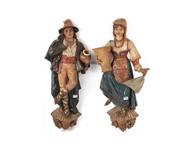 Coppia Figure Pensili in Terracotta Smaltata