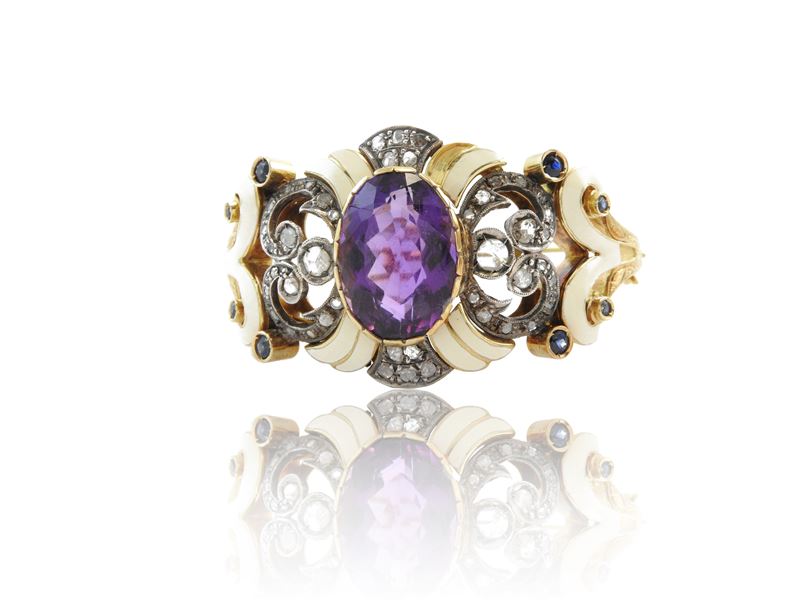 Bracciale Rigido in Oro Giallo e Argento con Diamanti, Diamanti, Zaffiri ed Ametista