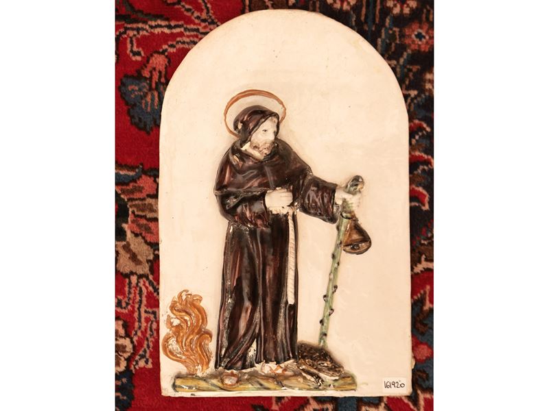 Placca Devozionale Ad Altorilievo in Terracotta Smaltata