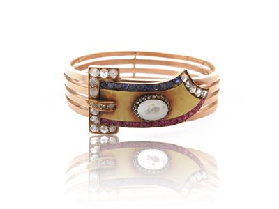 Bracciale Rigido in Oro a Basso Titolo con Diamanti, Rubini, Zaffiri e Perla
