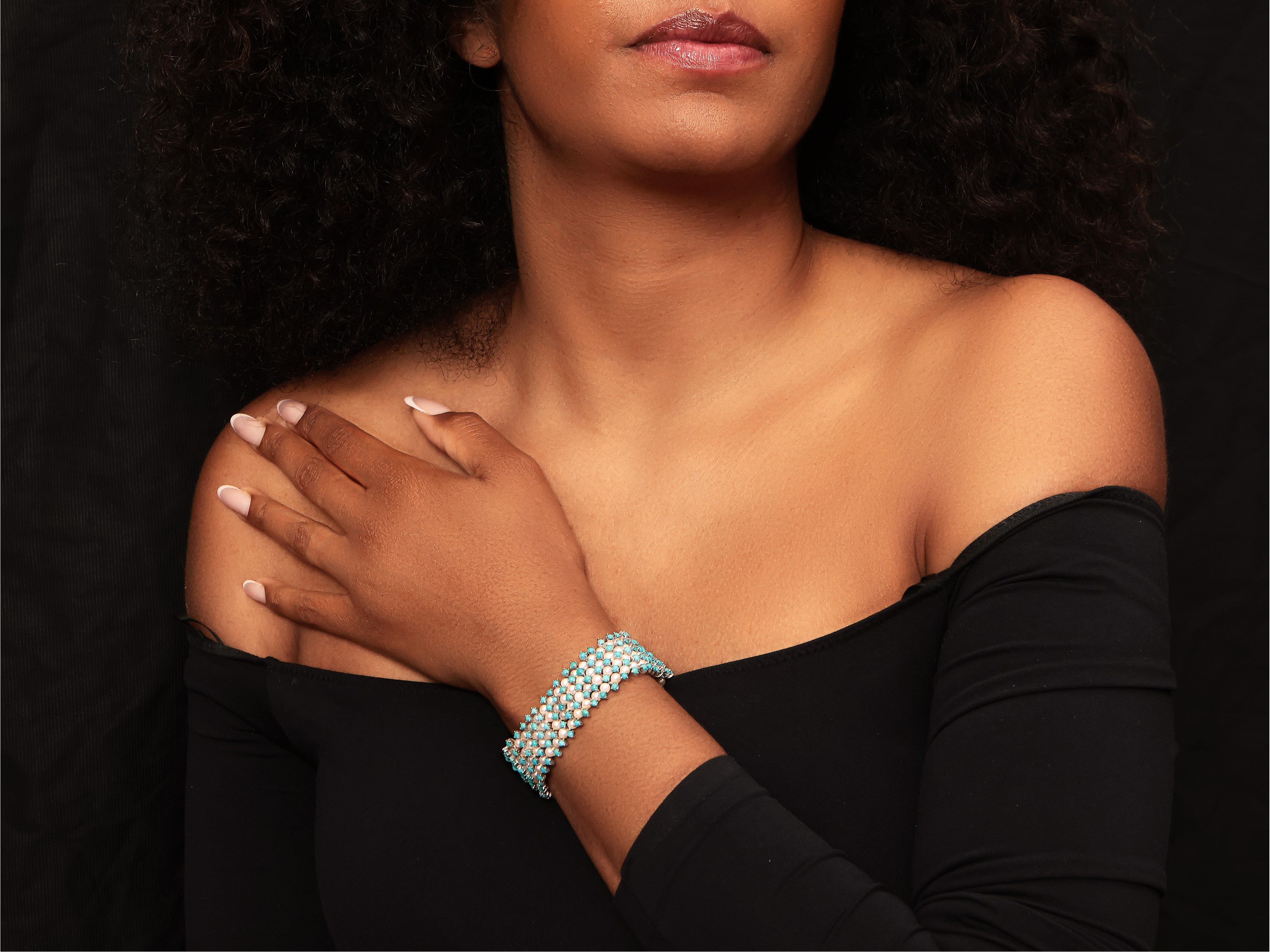 Bracciale in Oro Bianco con Turchesi e Perle