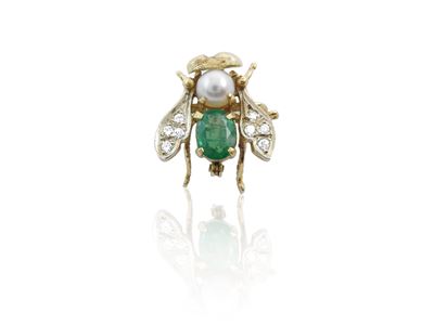 Spilla Animalier in Oro Giallo e Argento con Diamanti, Smeraldo e Perla