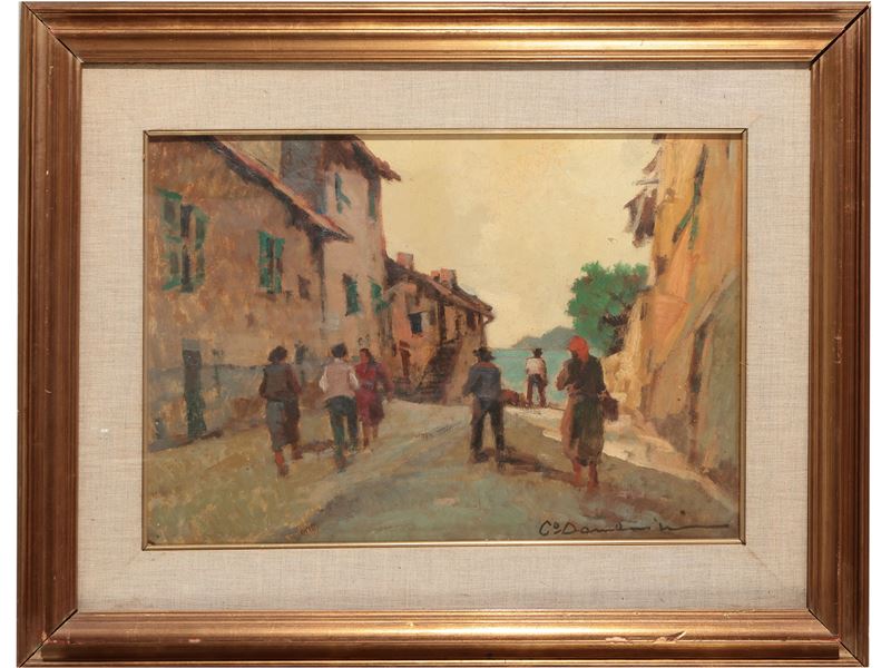 Carlo Domenici - Scorcio di Paese con Figure