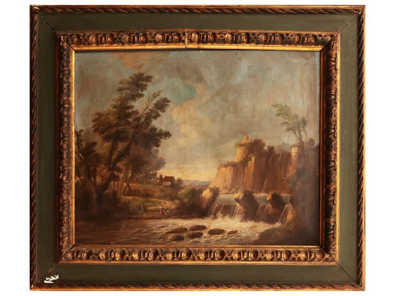 Scuola Francese del XIX/XX Secolo - Paesaggio Fluviale con Pescatore e Viandante