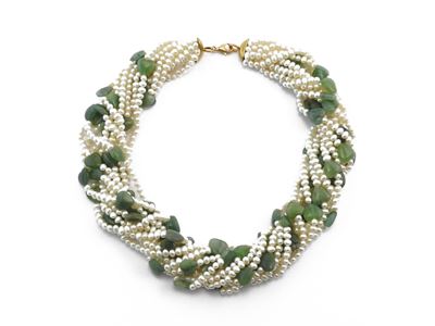 Collana Multifilo di Perle Coltivate Barocche e Nefriti Tinte con Fermezza in Oro Giallo