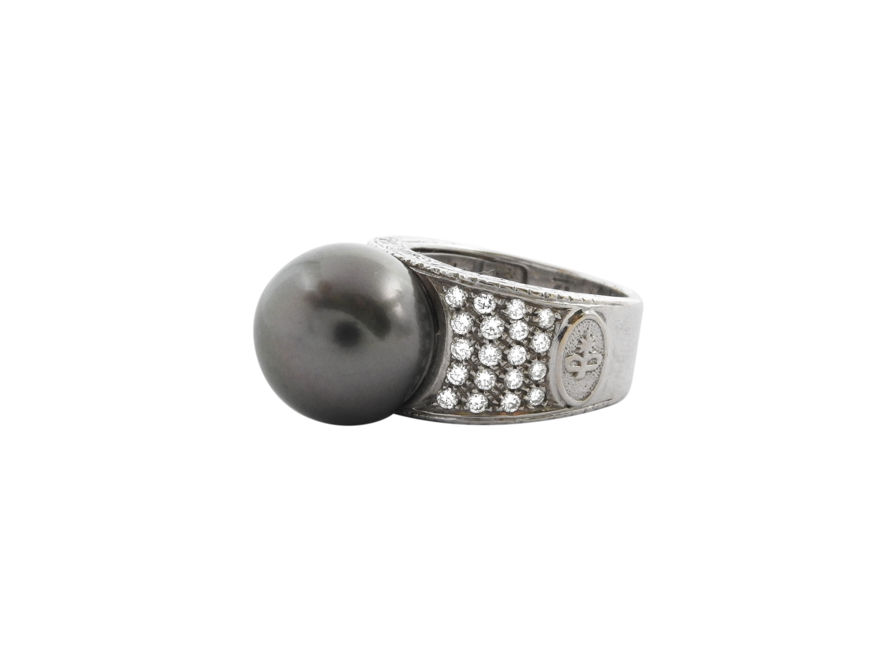 Torrini, Anello a Fascia in Oro Bianco con Diamanti e Perla Tahiti