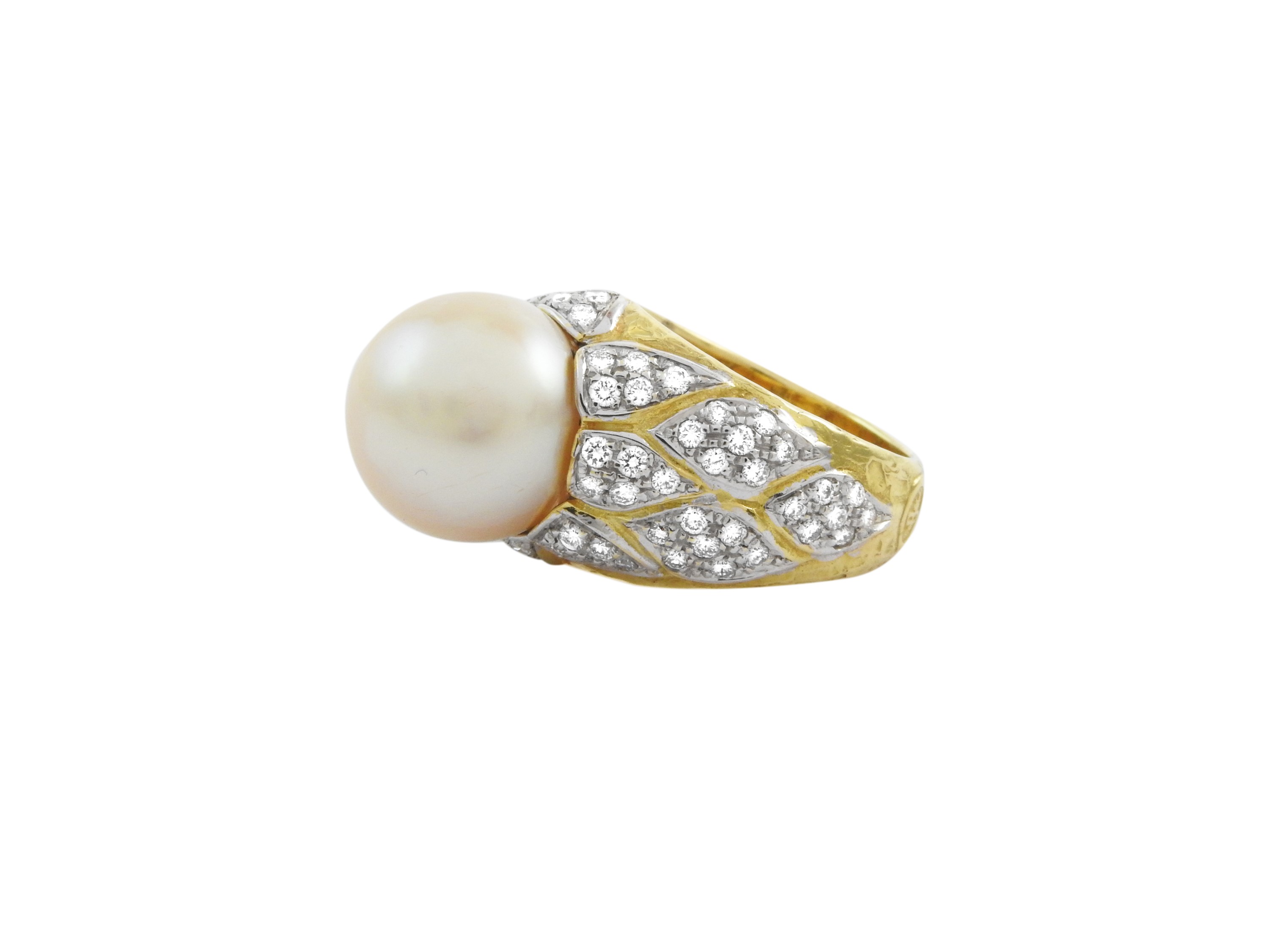 Torrini, Anello a Fascia in Oro Giallo con Diamanti e Perla South Sea Gold