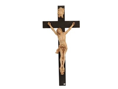 Grande Crocifisso in Terracotta e Legno Ebanizzato